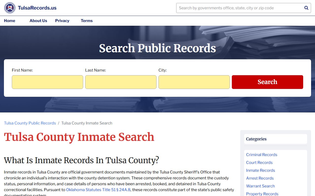 Tulsa inmate population search portal showing jail roster