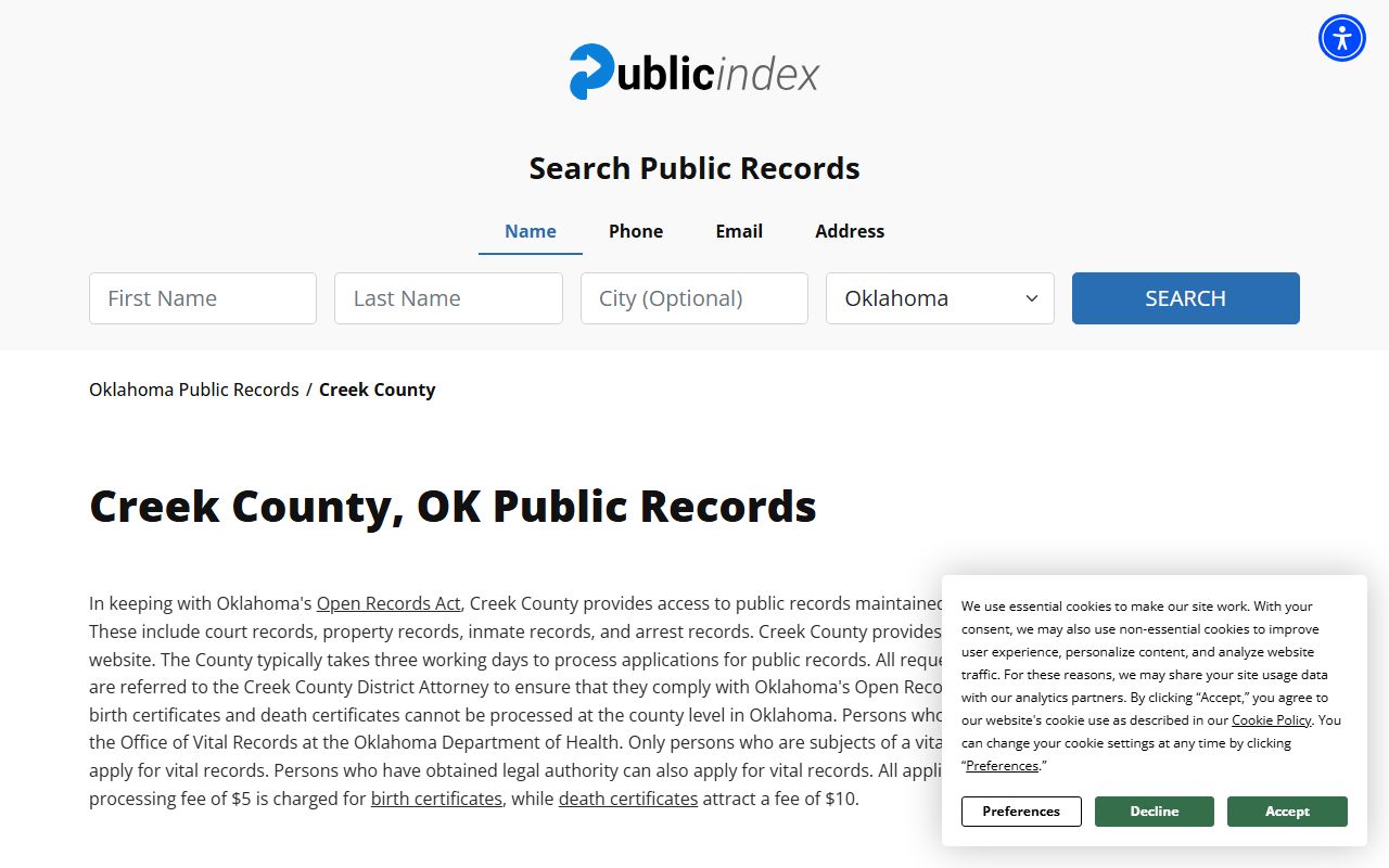 Creek County inmate population records through the Creek County Sheriff